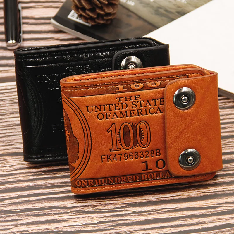 

2019 fashion dollar embossed print slim short men wallet High Quality PU leather hasp thin trifold purse boy small coin pocket