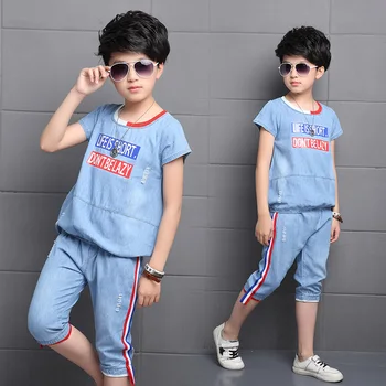 

Summer Boys Clothes Denim Clothing Set T-shirt+Shorts 2pcs Kids Cowboy Clothes Set O-neck Big Boys Casual Cotton Suit