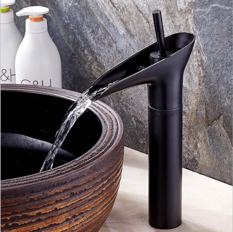

All-copper above counter basin black ancient faucet waterfall faucet Nordic black washbasin hot and cold faucet