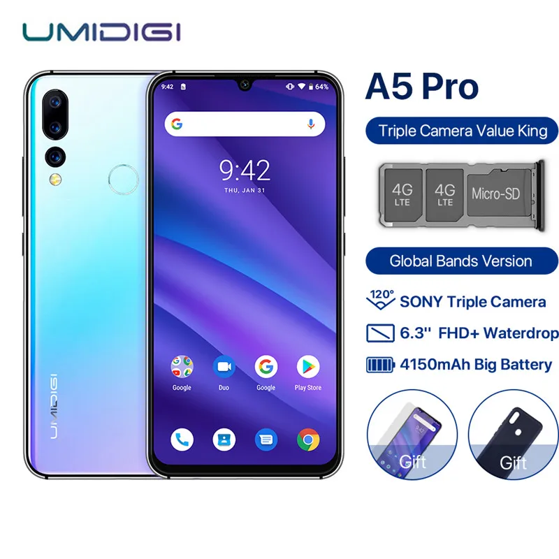 UMIDIGI A5 PRO Android 9,0 Octa Core 6,3 "FHD + безрамочный экран в виде капли воды, 16MP тройной Камера 4150 мА/ч, 4 Гб Оперативная память 32 GB Встроенная память 4G