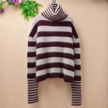 

ladies women winter hand knitted short loose stripped turtleneck angora rabbit fur pullover mink cashmere bottoming sweater coat