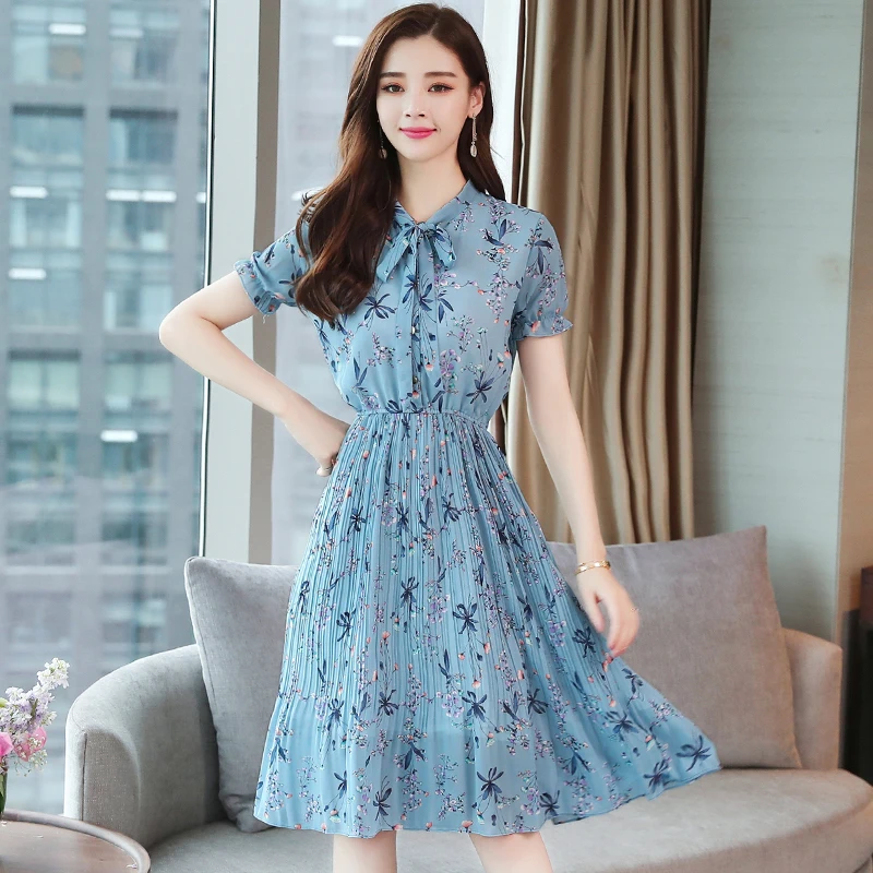 Chiffon Floral Print Summer Midi Pink Women Dress Long Lady Elegant Fairy Blue Chic Short Sleeve Runway Vestido De Fiesta 2019