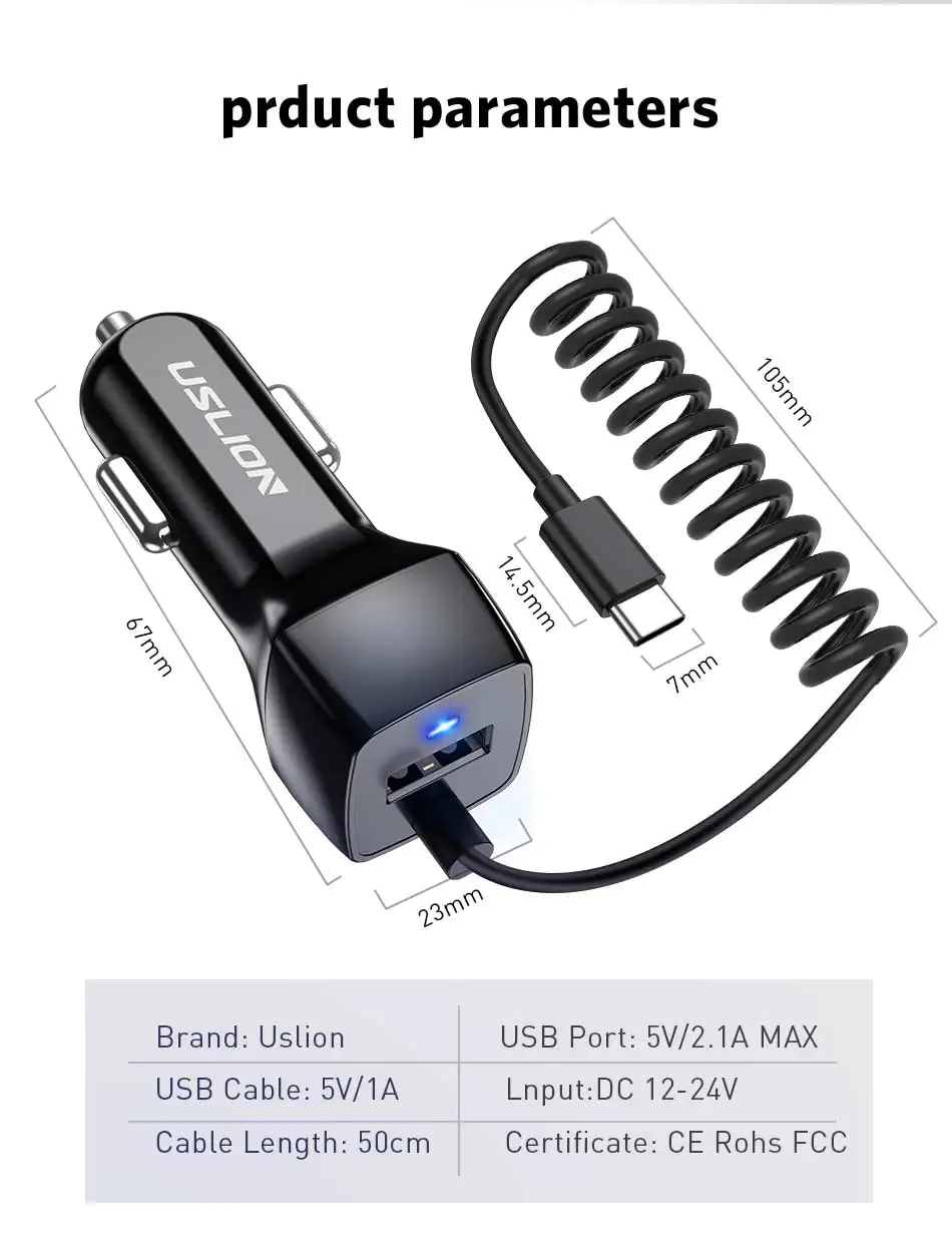 USLION USB Автомобильное зарядное устройство с usb-кабелем, двойной Micro USB type C зарядное устройство для samsung S9 S8 Plus, быстрая зарядка для планшета Xiaomi