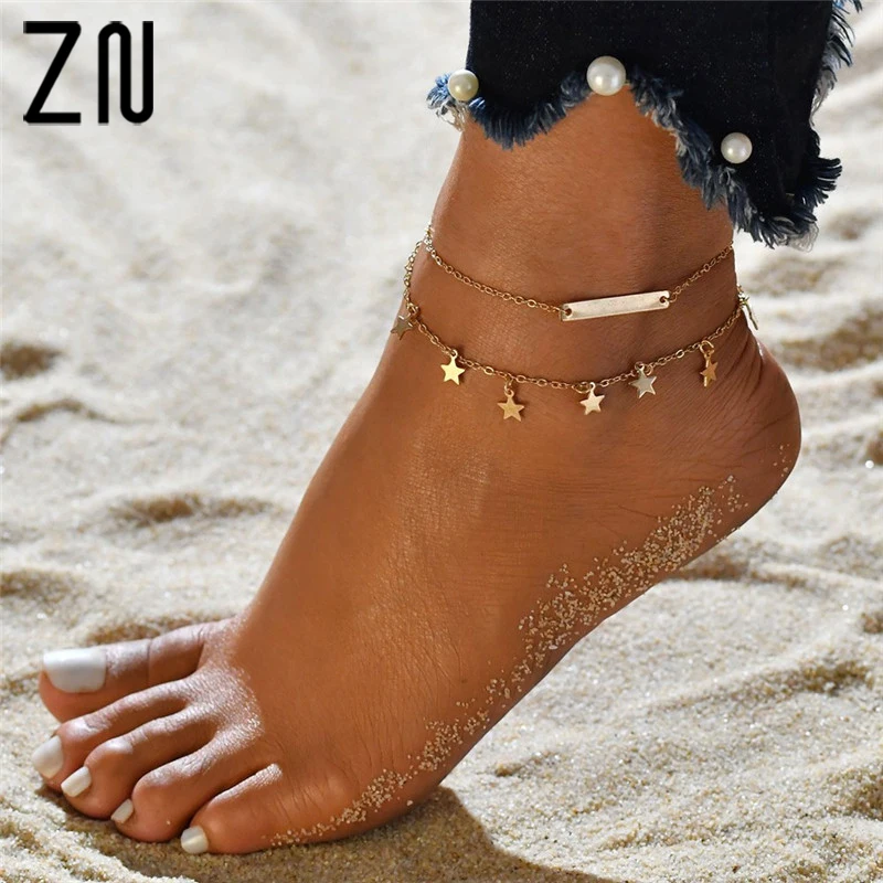 

ZN 2018 Fashion Bohemian Foot Jewelry Ankle Bracelets For Women Double-layered Five-Pointed Star Gold/Sliver Anklet Female