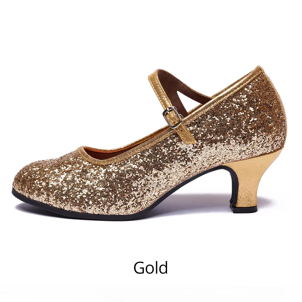 Брендовые золотистые/черные танцевальные туфли для женщин, женская обувь для сальсы/латинских танцев/Танго, бальные туфли для девочек, летние свадебные туфли, Каблук 5,5 см - Цвет: Gold