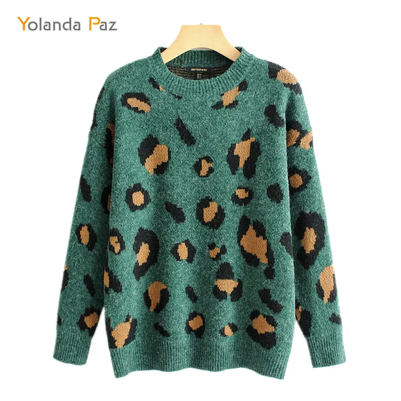 

Yolanda Paz women chic leopard knitted loose sweaters animal pattern long sleeve o neck stretchy pullovers female casual tops