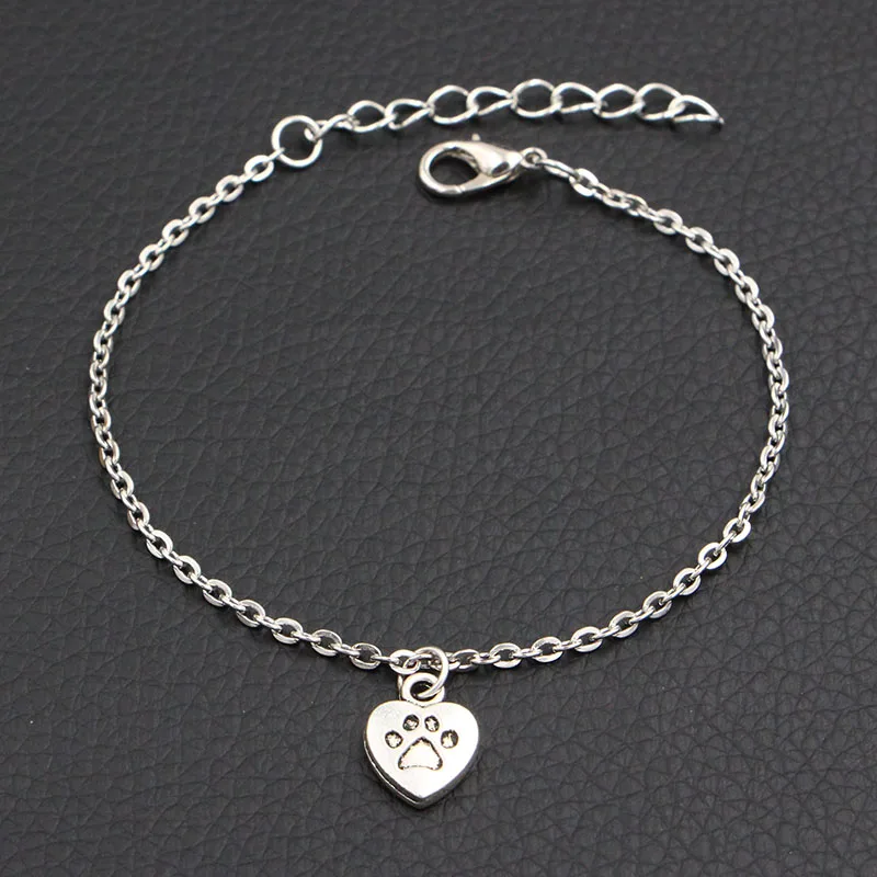 

2019 New Jewelry Antique Silver Dog Paw Prints Heart Charms Bracelet DIY Handmade Link Chain Personalized Bracelets For Women