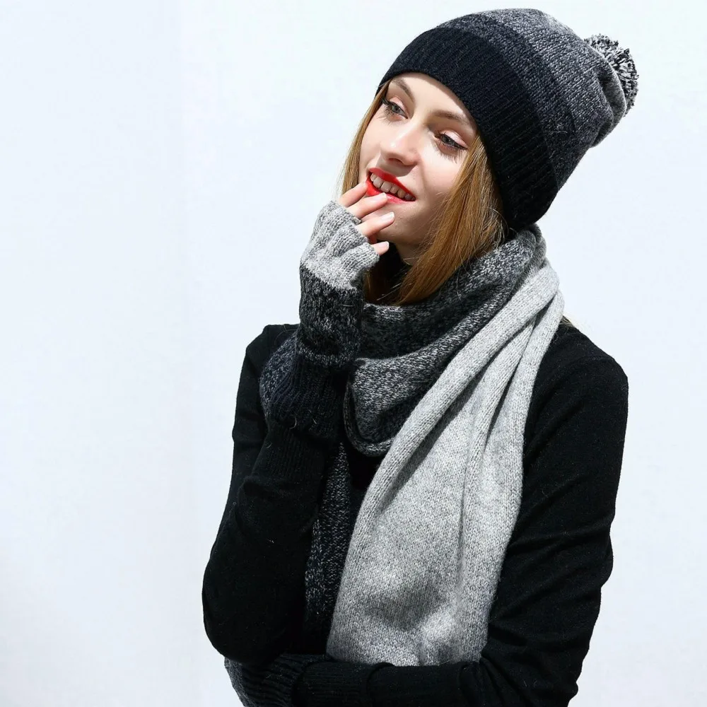 KBB шерсть ягненка вязаная шапка шарф женский зимний теплый шарф бини перчатки шарф женский набор шарфов комплект