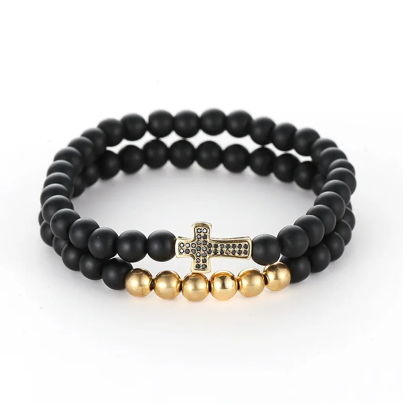 Новая мода очаровательный натуральный камень браслет крест черный Лава украшенный бисером матовый браслеты для женщин цепь пара ювелирных изделий подарки