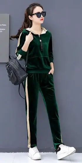 Новинка, Модный золотой Бархатный спортивный костюм для женщин, весна-осень, повседневный женский костюм с капюшоном, свитшот, комплект из двух предметов размера плюс - Цвет: Dark green