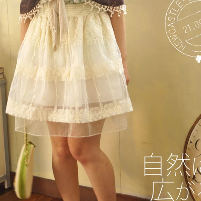 Летняя сетчатая юбка Мори для девочек, Женская кружевная Цветочная вышивка, многослойная Повседневная Милая женская юбка, Vestido Kawaii, юбка