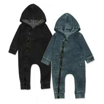 

Infant Newborn Baby Boy Girl Long Zipper Hooded Jumpsuit Romper Denim Clothes Outfits