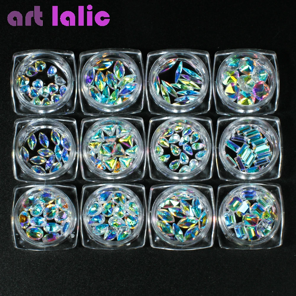 Artlalic 12 коробок Красочные белые Кристальные Алмазные DIY украшения для дизайна ногтей капли воды Сердце геометрические аксессуары из стразов