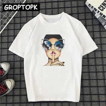 

Fashion Model Portrait Women Tshirt Vogue T Shirt Summer Short Sleeve Female T-shirts Top 2019 Keep Silence Vintage Streetwear