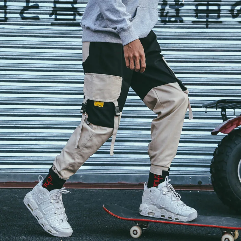 Лоскутные карго шаровары мужские 2018 хип хоп карманы повседневные брюки для бега на шнурке талии мужские s Harajuku повседневные штаны