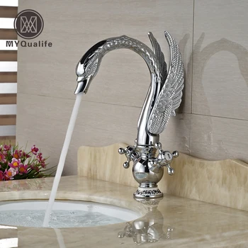 

Polished Chrome Dual Handle Swan Basin Sink Faucet Deck Mount Brass Bathroom Lavatory Mixer Tap One Hole