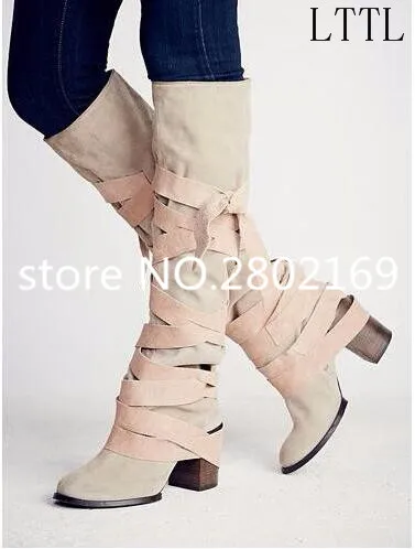 

2017 New Fashion Round Toe Square Mid-Heels Beige Suede Leather Fashion Cross-Tied Wholesale Price Top Quality Women Long Boots