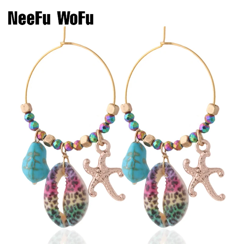 Женские серьги ракушки NeeFu WoFu фирменные с камнями кольцо морскими звездами