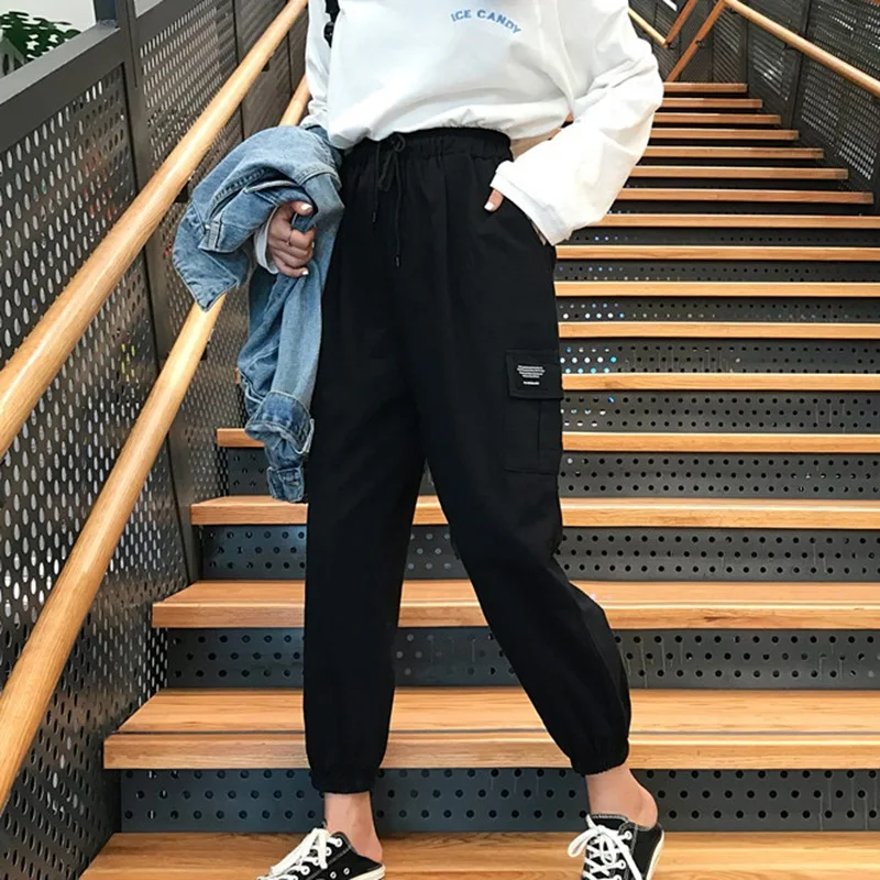 Harajuku уличная Женские панталоны большой карман весна мотобрюки повседневное однотонные высокие свободные для мужчин брюки для девочек