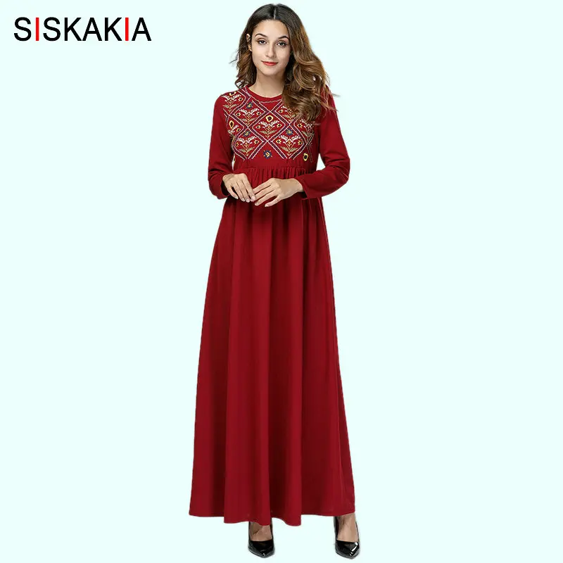 

Siskakia Elegant Women A Line Long Dress Red Ethnic Embroidery Muslim Clothes Autumn 2019 Arabian Swing Dresses Long Sleeve New