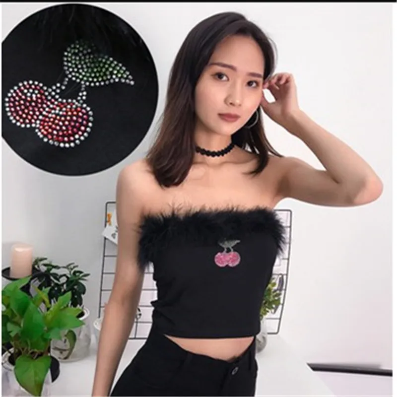 

Women Black Strapless Tube Tops Wrap Bralet Crop Top Bandeau Bra Cover Ladies sexy cherry print feather wrapped chest crop top