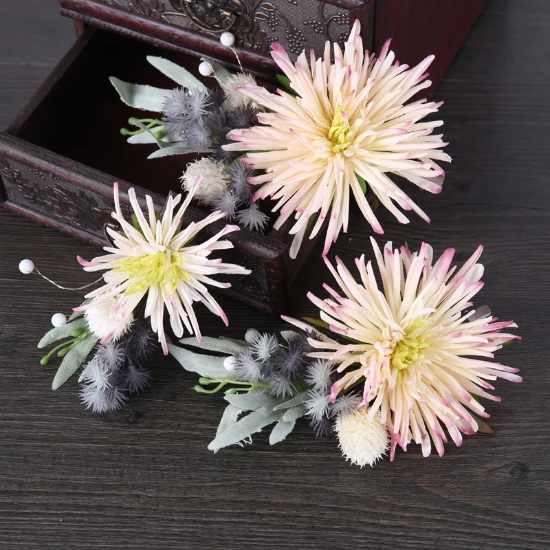 

Bohemian Bridal Tiara Bridesmaid Hairpin Flower Head Flowers Wedding Accessories Pink Flower Green Leaf Headwear Evening Party
