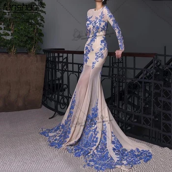 

Modest Blue Appliques Chiffon Long Sleeves Mermaid Back Open Evening Dress Women Custom Made Sheath Formal Maxi Gowns Vestidos