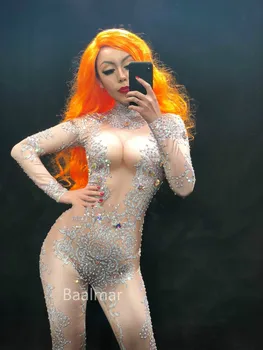 

Women Nightclub Jumpsuit Sexy Dance Bodysuit Sparkly Rhinestones Stage Costume Celebrate Female Singer Crystals One Piece Pants