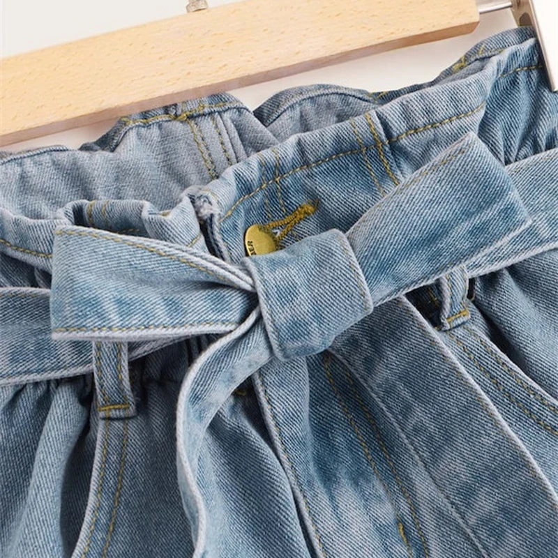 Женские джинсовые шорты SHEIN с рваным свернутым подолом, синие шорты с карманами и высокой талией, летние повседневные Прямые женские джинсовые шорты с поясом