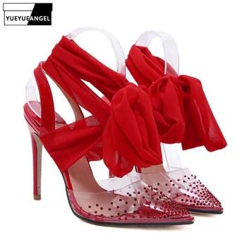 

Fashion Transparent Pointed Toe Diamond Thin Heel Pumps Women Dress Shoes For Wedding Party Red White Black Lace Up High Shoes