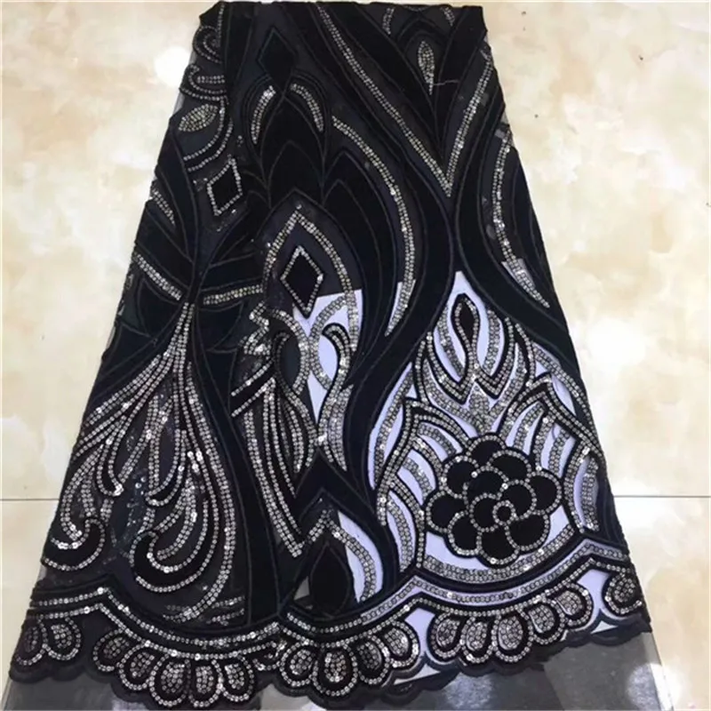 

2019 Latest Style Black High Quality African Velvet Lace Fabric With Sequins Nigerian Lace Fabrics For Wedding Party