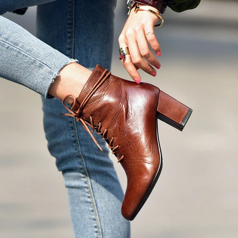 

Women block heels boots Chelsea natural leather lace-up shoes genuine leather chelsea boots Round toe ankle boots for women
