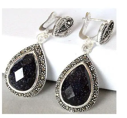 

lady's 925 Silver Natural white black Sand Stone Marcasite Drop Earrings wedding jewelry pierced ear earring