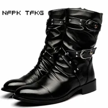 Обувь с заклепками из натуральной кожи для ночных клубов, в байкерском стиле, в стиле британский модный мужской, черные высокие сапоги до середины икры, chaussure homme zapatos
