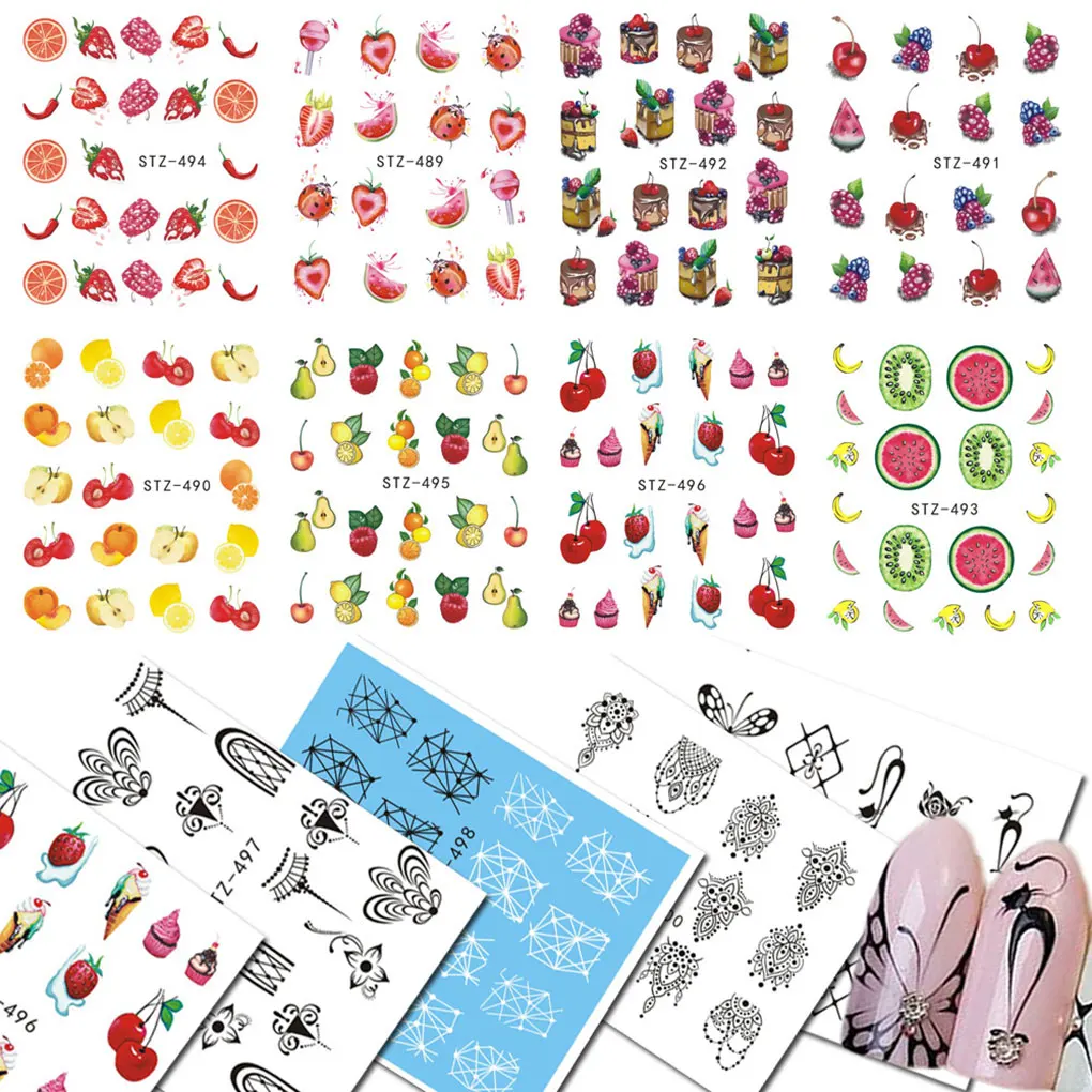 12 листов/набор наклейки для дизайна ногтей черный цветок DIY Набор Переводные картинки