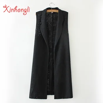 

Plus size Open Stitch Lace women vest 2020 NEW spring autumn office ladies solid black sleeveless colete feminino oversize