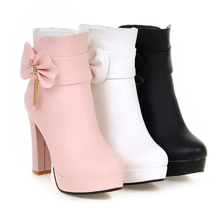 25_2016 Autumn Korean Womens Pink Dress Booties Shoes Princess Bow High Heels Black And White Platform Ankle Boots For Winter