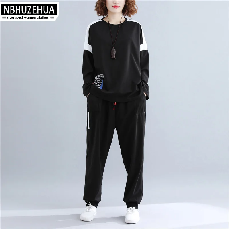 

NBHUZEHUA Tracksuit Women 2 Piece Set Spring 2019 Casual Cotton Two Piece Set Top and Pants Femme Outfits Plus Size 5XL 19-D255