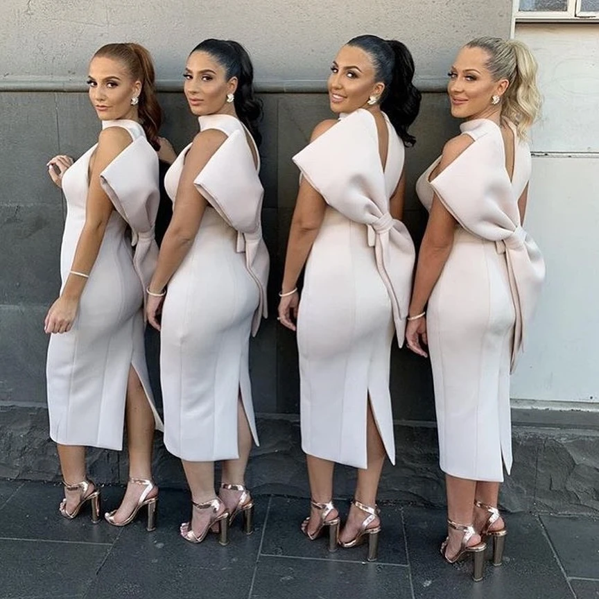 

Elegant Sheath Short Tea Length Bridesmaid Dresses Boho Beach Wedding Guests Dress Hign Neck Bow Plus Size Wedding Party Gowns