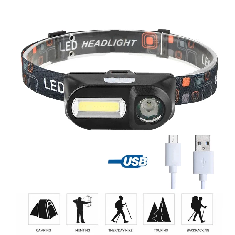 

Outdoor camping Portable mini XPE+COB LED Headlamp USB charging Fishing headlights flashlight
