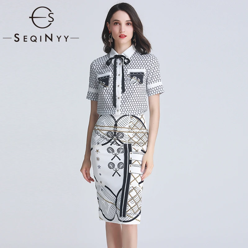 

SEQINYY Women Set Bow 2019 Summer New Fashion Design Short Sleeve Shirt + Slim Skirt Printed Suit Women