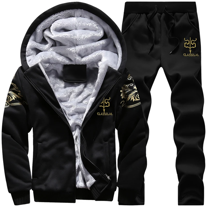 2019 Thicken Men Tracksuit Set Cardigan Winter Fleece Hooded Men's Jacket+Pants Sweatshirts 2Piece Sets Hoodies Sporting Suit