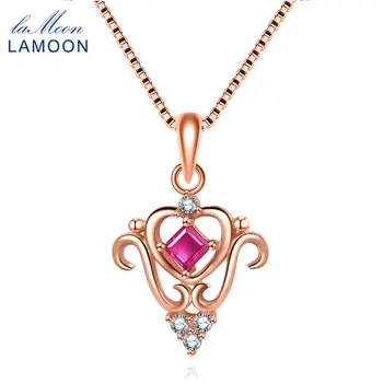 

LAMOON Princess Cut Ruby Gemstone Necklaces 925 Sterling Silver Jewelry Crown Pendant Necklace For Women Fine Jewelry S925 NI050