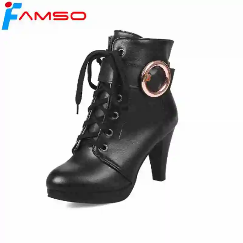 

FAMSO 2019 New Arrival Women Boots Shoes Black red Lace-up Zipper Riding Boots Sexy High Heels Female Short Ankle Boots Winter