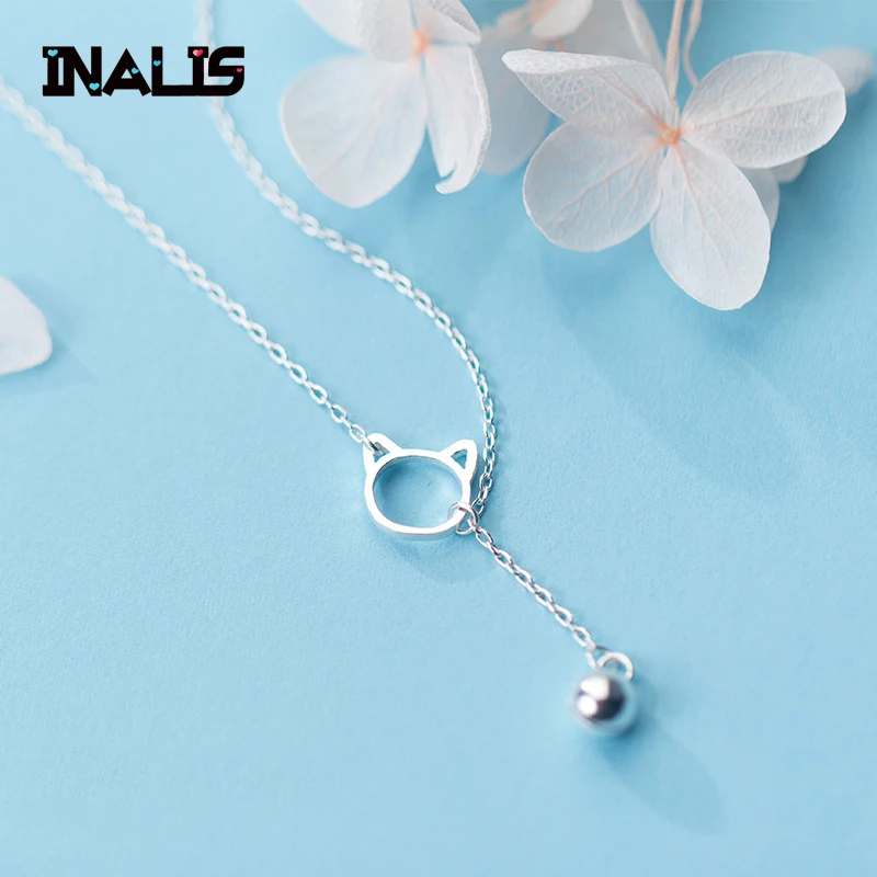 

INALIS New Korea Design Adjust Length Chain Necklace S925 Sterling Silver Round Ball with Cat Shape Pendant for Girl Best Gift