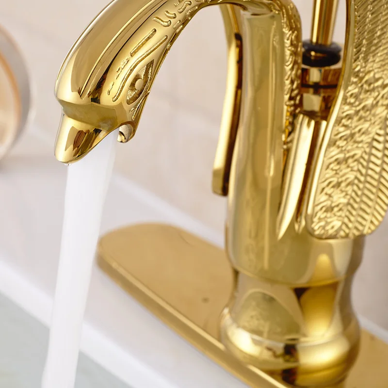 Золотой настил крепление латунь Санузел раковина смесители ванная комната сосуд Раковина кран лебедь форма+ отверстие крышка пластины