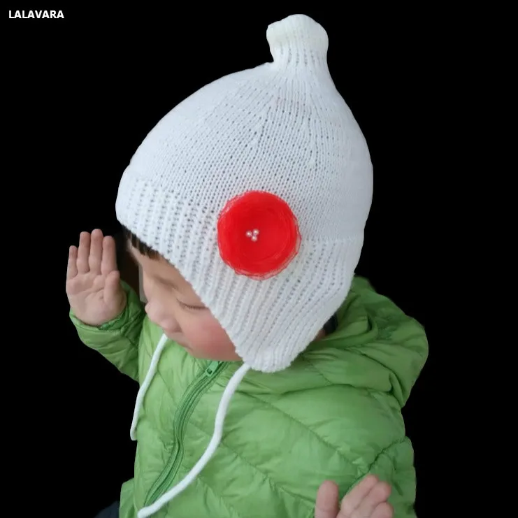 LALAVARA 6-24 M Детские Зимние теплые шапки для мальчиков и девочек, детские вязаные белые шапочки с цветами