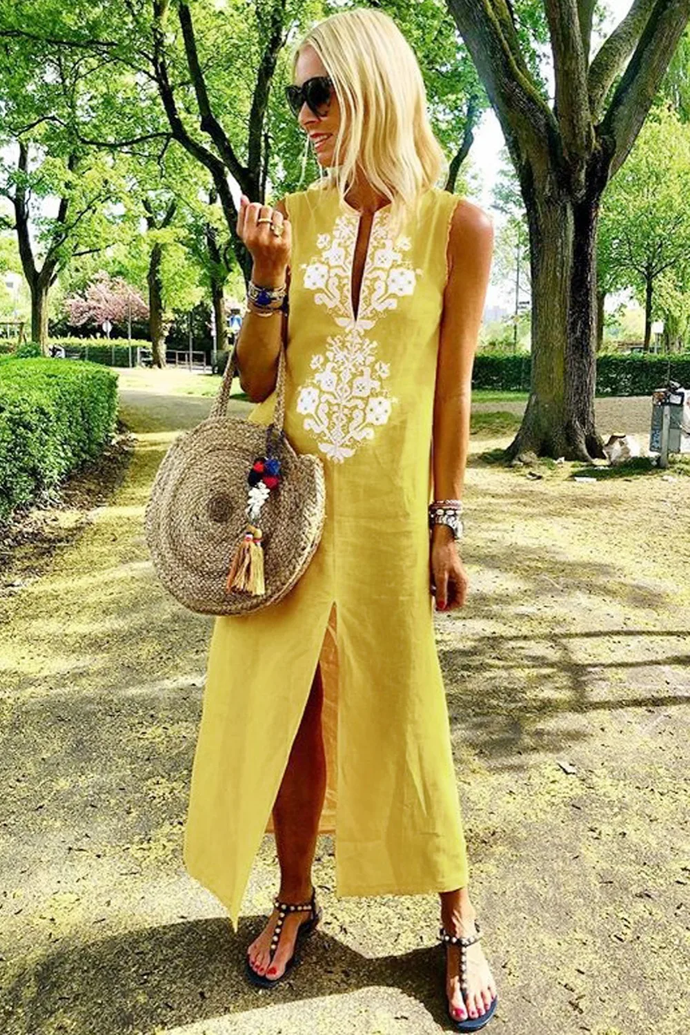Yellow-Sleeveless-Casual-Slit-Geometric-Summer-Dress-LC611109-7-2