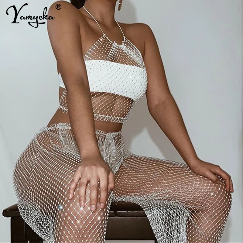 

Sexy Bling diamonds Body chain summer bodysuit women Mesh Plaid body mujer Elasticity Hollow Sparkling Night club party jumpsuit
