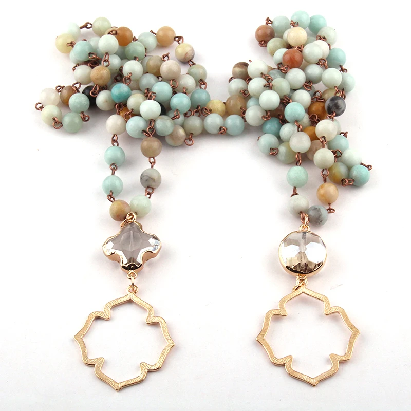 

Free Shipping Bohemian Jewelry Amazonite Stones Rosary Chain Link Crystal Flower of Life Necklace For Women Ethnic Necklace